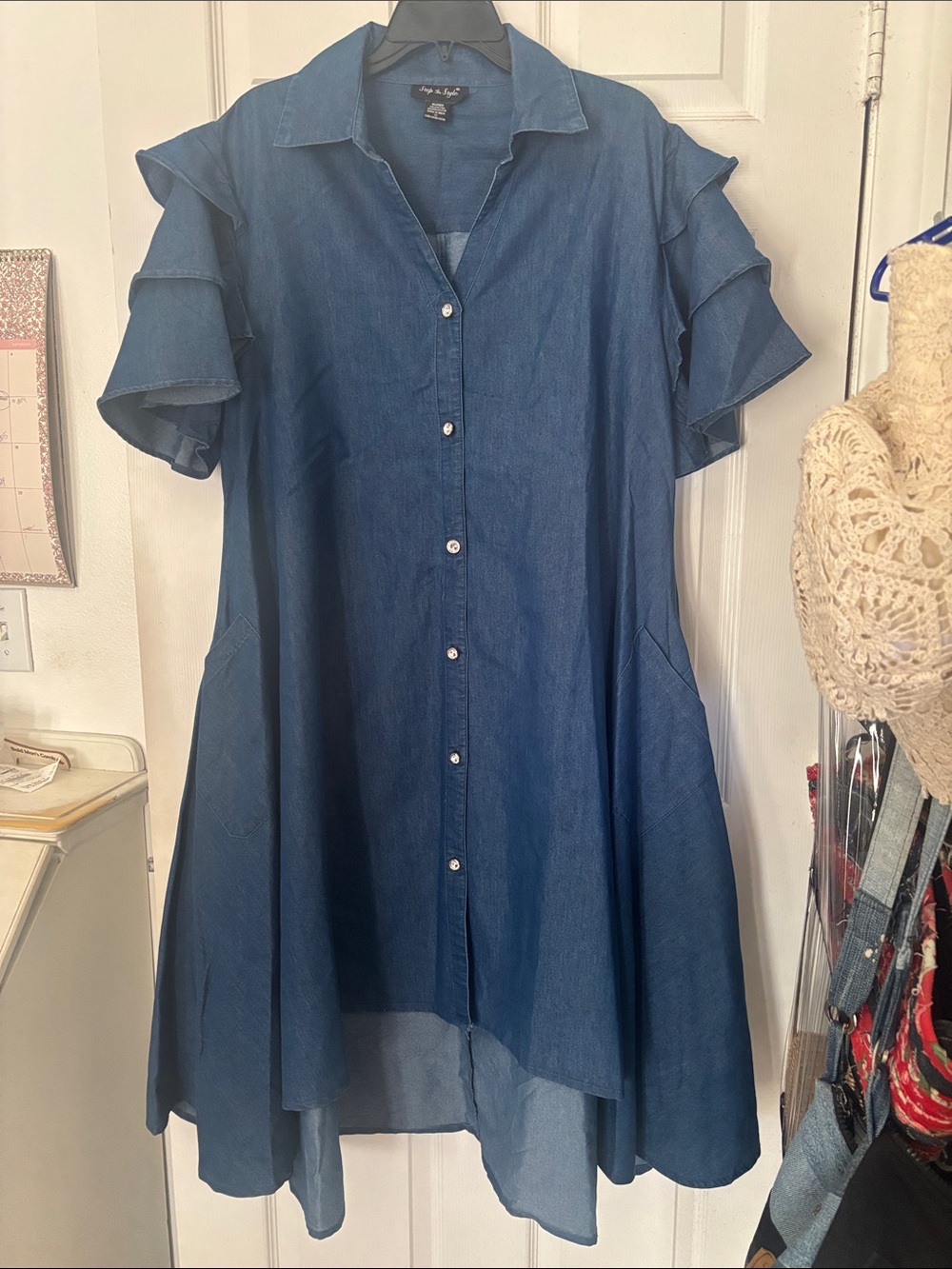 Michael Kors Blue Denim Button-Front Ruffle Sleeve Dress